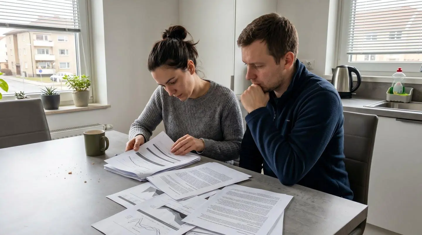 Un couple dans la trentaine assis à une table du salon, documents de prêt étalés devant eux, discutant calmement dans une ambiance lumineuse et rassurante