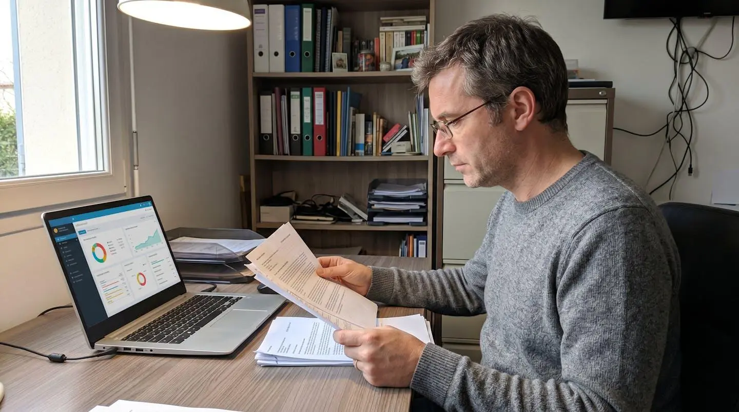 Un homme dans la quarantaine concentré sur la lecture de documents d'assurance à son bureau à domicile, lumière naturelle douce, ambiance calme et studieuse