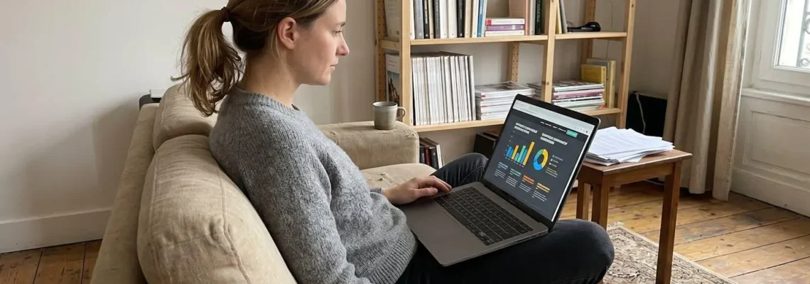 Une femme dans la trentaine consulte des informations sur son ordinateur portable, installée confortablement dans un salon moderne et lumineux