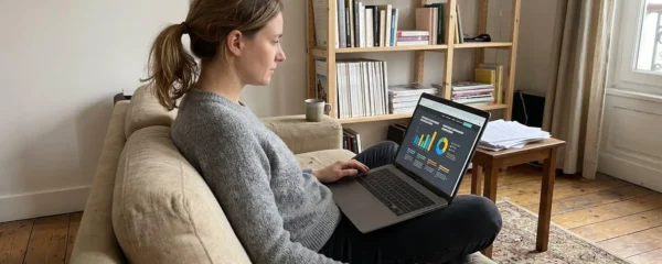 Une femme dans la trentaine consulte des informations sur son ordinateur portable, installée confortablement dans un salon moderne et lumineux