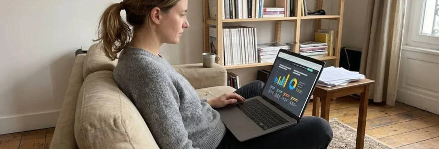 Une femme dans la trentaine consulte des informations sur son ordinateur portable, installée confortablement dans un salon moderne et lumineux