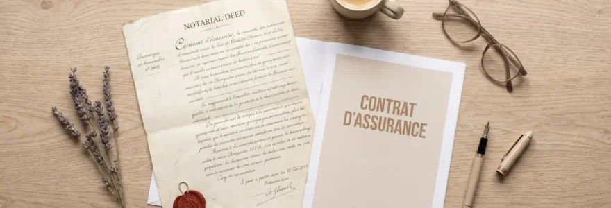 Illustration conceptuelle d'un acte notarié posé à côté d'un contrat d'assurance vie sur une table en bois clair, évoquant la transmission sereine d'un patrimoine