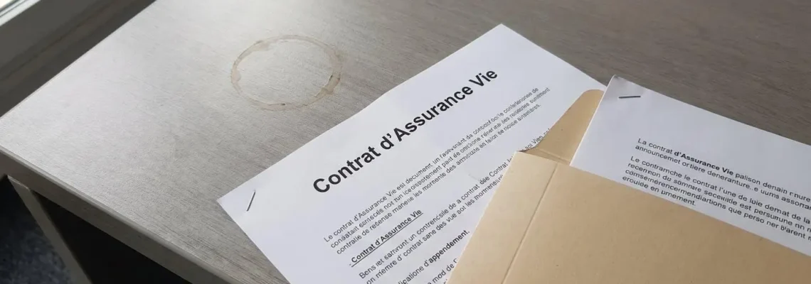 Illustration conceptuelle d'un acte notarié posé à côté d'un contrat d'assurance vie sur une table en bois clair, évoquant la transmission sereine d'un patrimoine