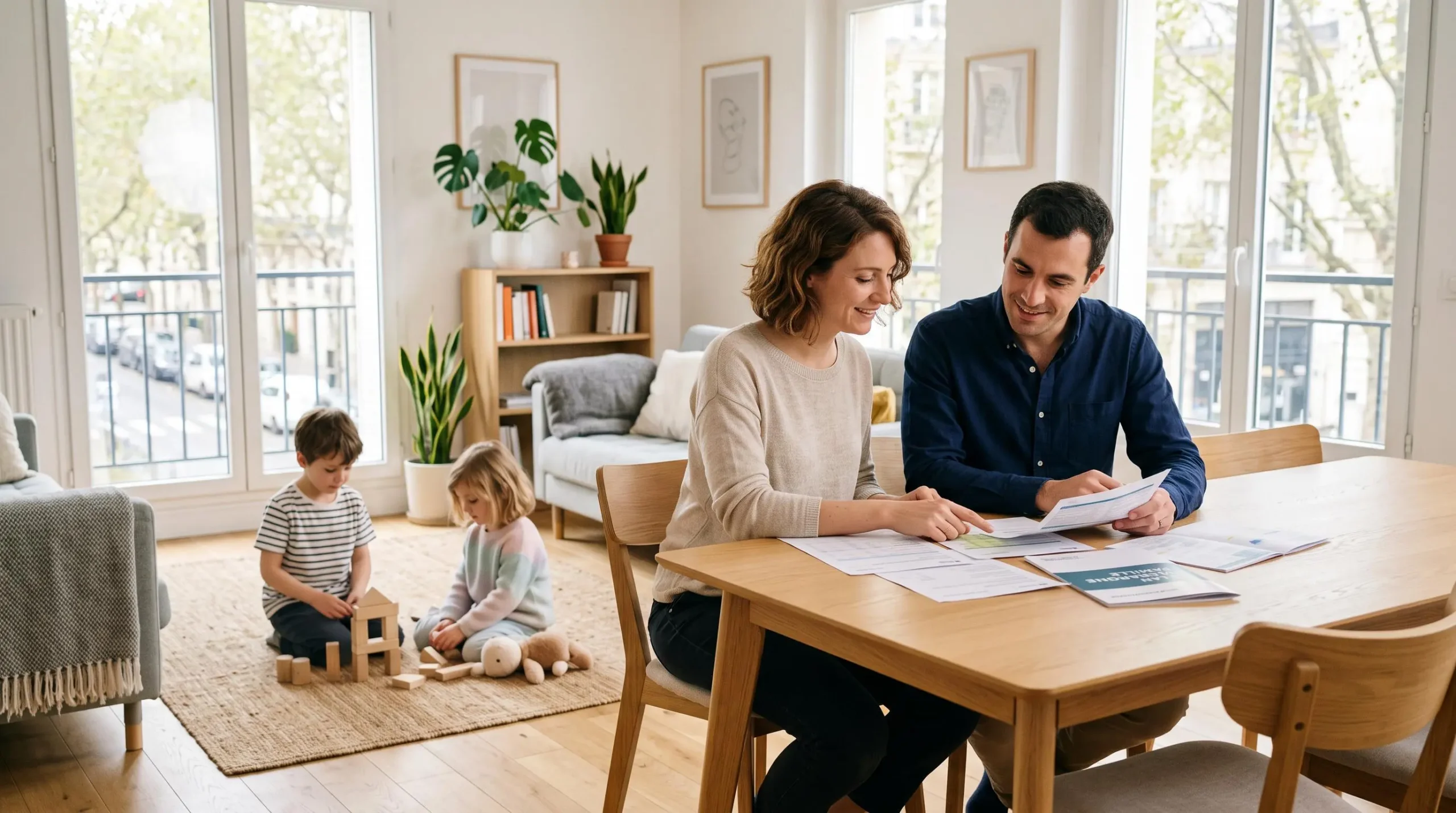 Famille avec enfants consultant des documents financiers dans un salon contemporaire