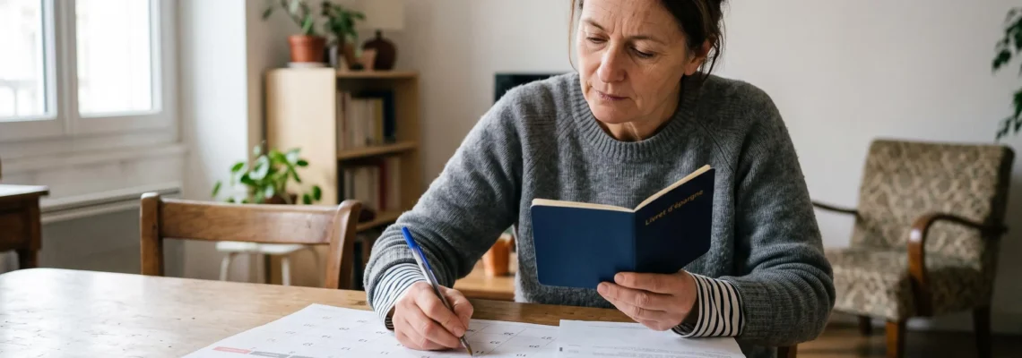 Une femme assise à une table dans son salon vérifie les dates sur un calendrier papier, un livret d'épargne ouvert à la main.