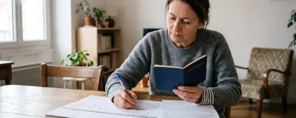Une femme assise à une table dans son salon vérifie les dates sur un calendrier papier, un livret d'épargne ouvert à la main.